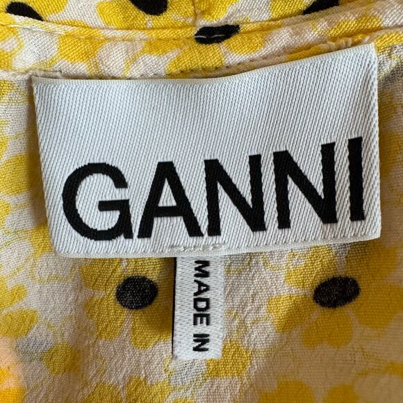 Ganni Crepe Yellow Daisy Floral Midi Wrap Dress 40 V Neck Viscose Tie Waist - Picture 12 of 14